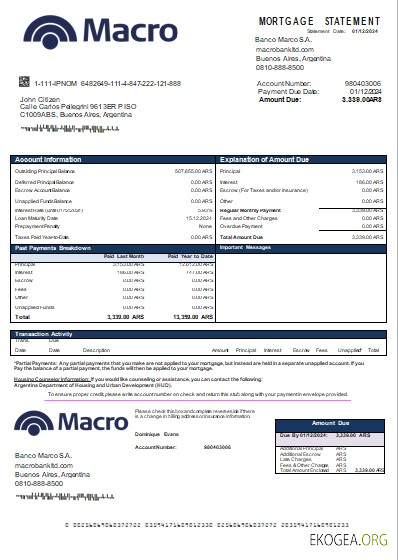 Argentine Banco Macro S.A. relevé hypothécaire bancaire scr